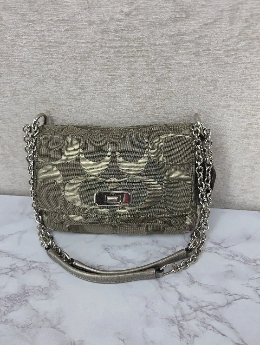 Coach Signature Canvas Jacquard Shoulder Bag in Metallic Pewter Chain Straps